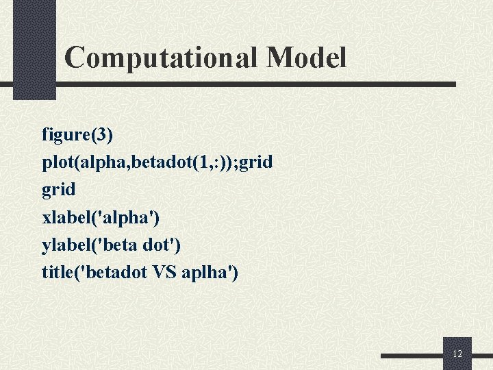 Computational Model figure(3) plot(alpha, betadot(1, : )); grid xlabel('alpha') ylabel('beta dot') title('betadot VS aplha')