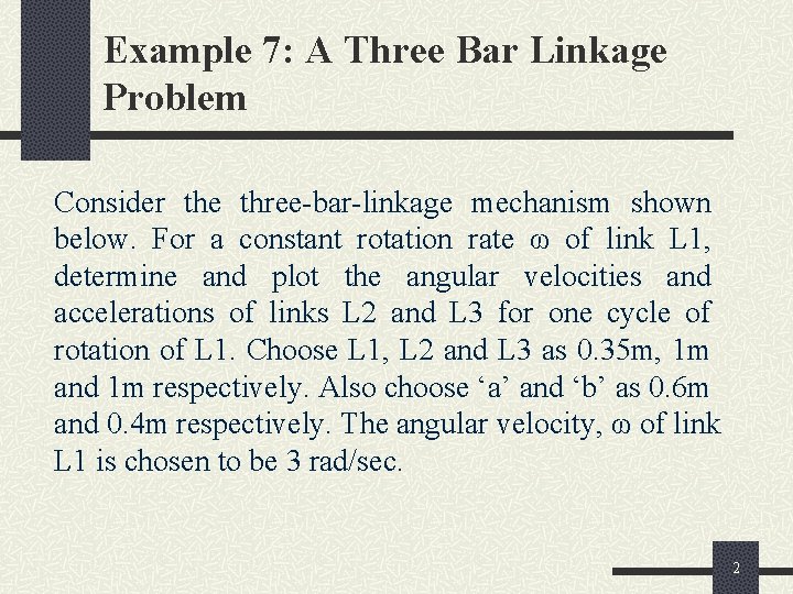 Example 7: A Three Bar Linkage Problem Consider the three-bar-linkage mechanism shown below. For