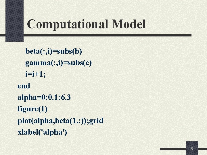 Computational Model beta(: , i)=subs(b) gamma(: , i)=subs(c) i=i+1; end alpha=0: 0. 1: 6.