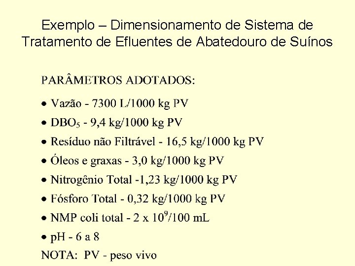 Exemplo – Dimensionamento de Sistema de Tratamento de Efluentes de Abatedouro de Suínos 