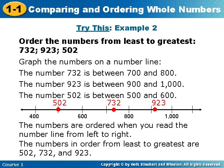 1 -1 Comparing and Ordering Whole Numbers Try This: Example 2 Order the numbers