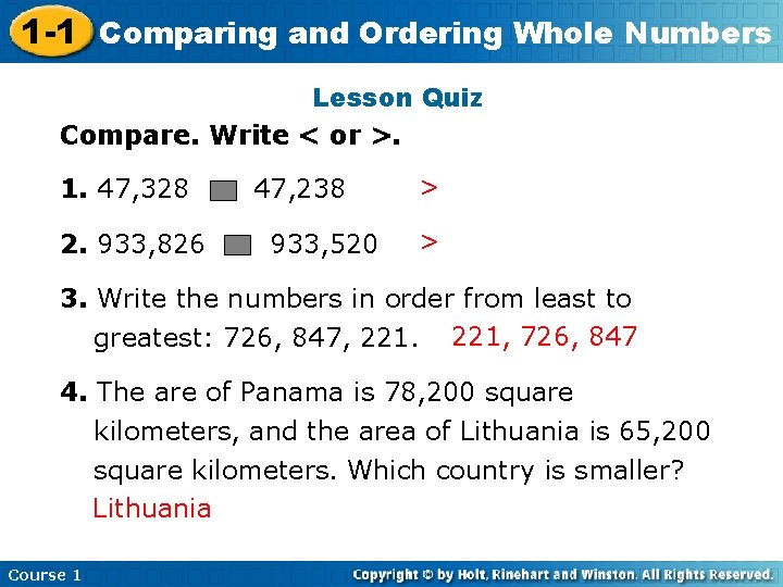 and Ordering Whole Numbers 1 -1 Comparing Insert Lesson Title Here Lesson Quiz Compare.