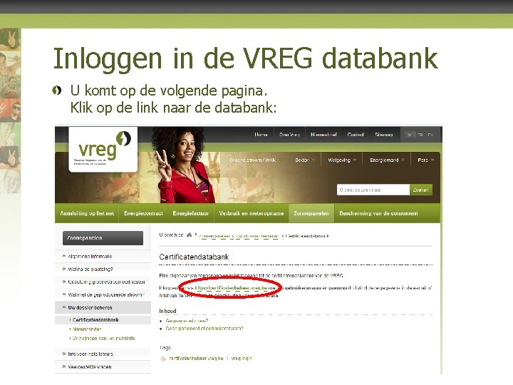 Inloggen in de VREG databank U komt op de volgende pagina. Klik op de