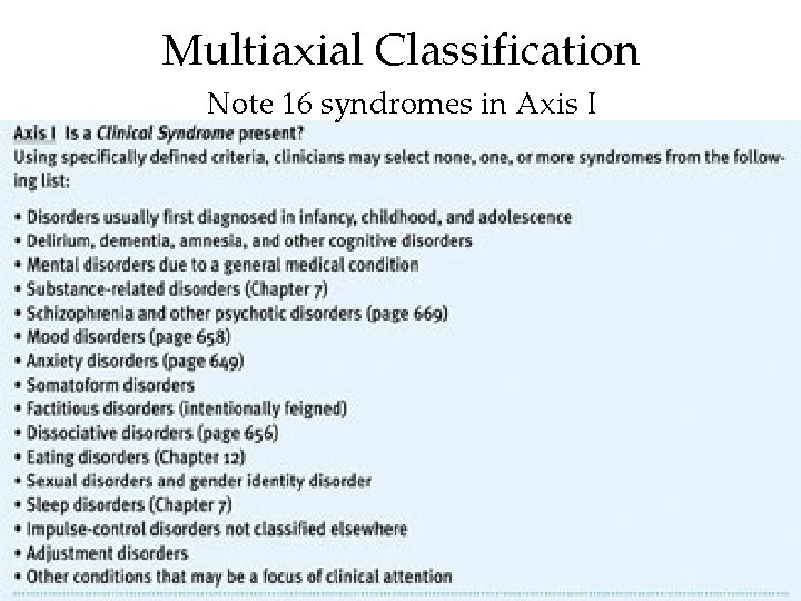 Multiaxial Classification Note 16 syndromes in Axis I 