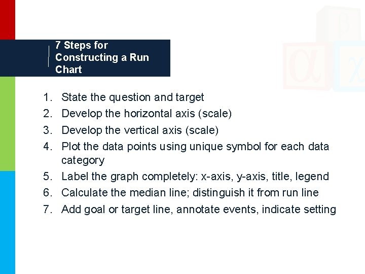 7 Steps for Constructing a Run Chart 1. 2. 3. 4. State the question