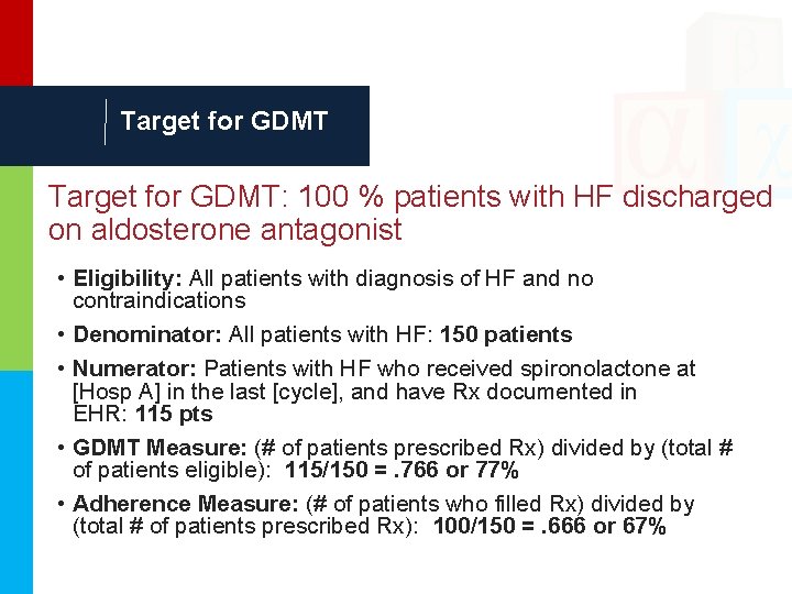 Target for GDMT: 100 % patients with HF discharged on aldosterone antagonist • Eligibility: