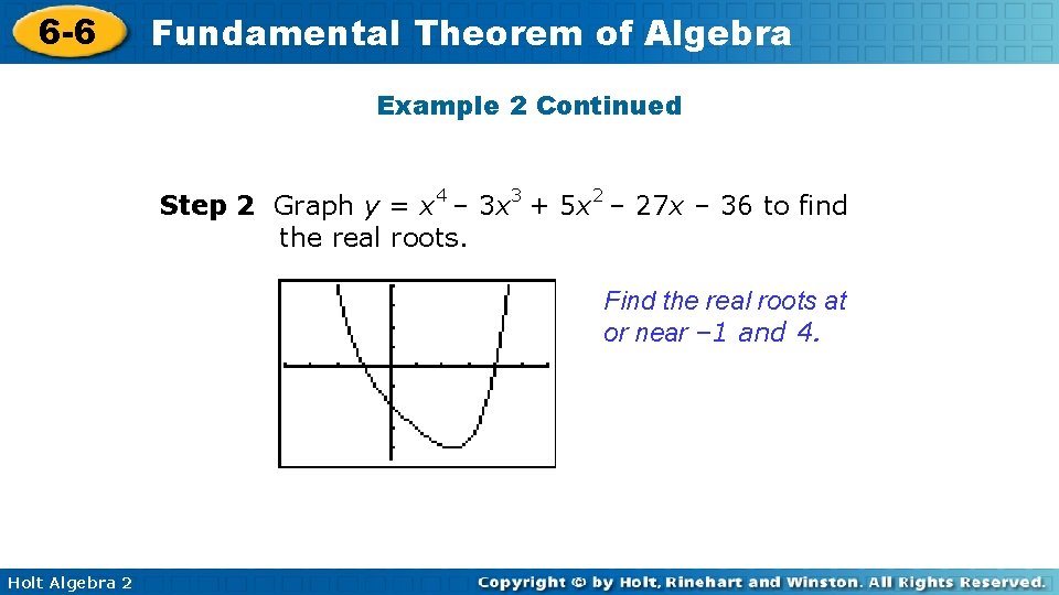 6 -6 Fundamental Theorem of Algebra Example 2 Continued Step 2 Graph y =