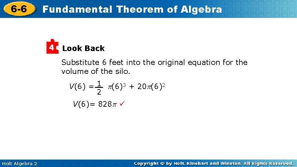6 -6 Fundamental Theorem of Algebra 4 Look Back Substitute 6 feet into the