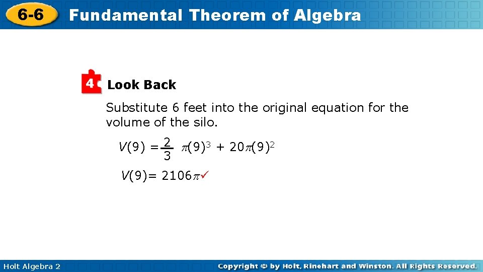 6 -6 Fundamental Theorem of Algebra 4 Look Back Substitute 6 feet into the