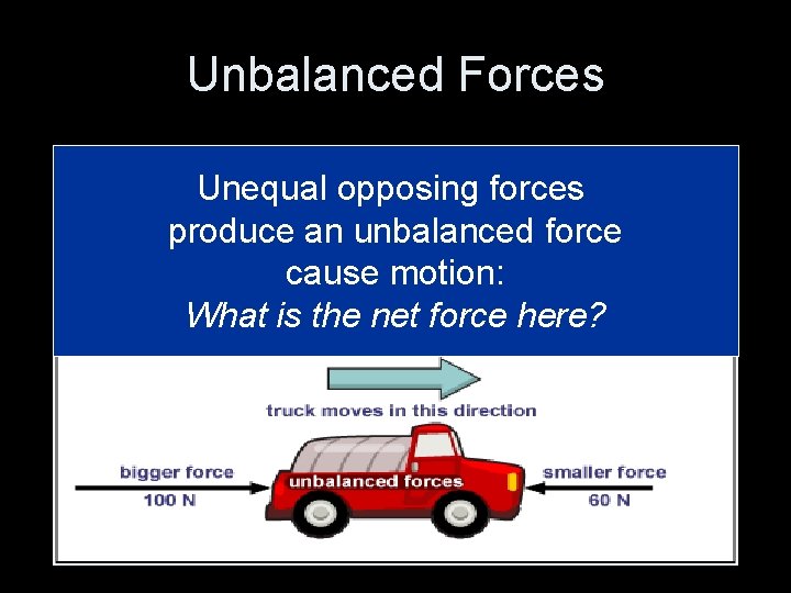 Unbalanced Forces Unequal opposing forces produce an unbalanced force cause motion: What is the