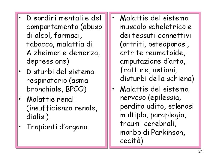  • Disordini mentali e del comportamento (abuso di alcol, farmaci, tabacco, malattia di