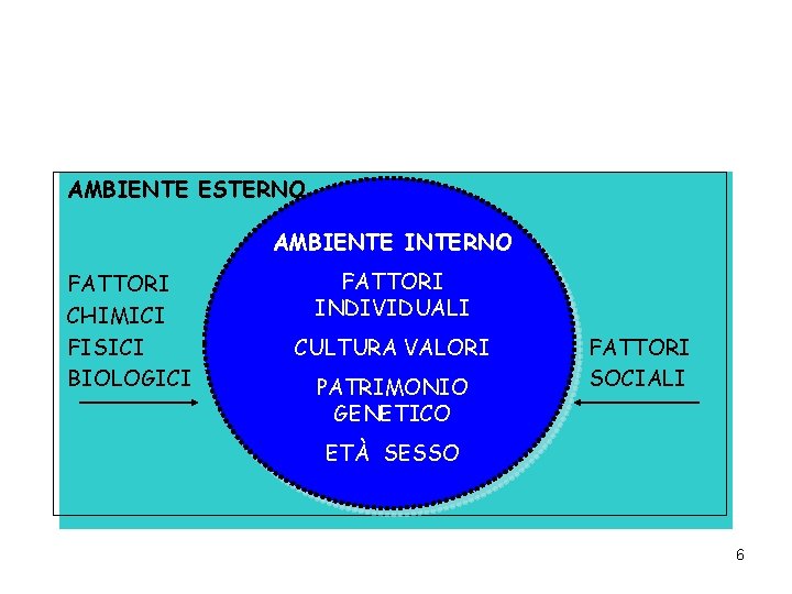 AMBIENTE ESTERNO AMBIENTE INTERNO FATTORI CHIMICI FISICI BIOLOGICI FATTORI INDIVIDUALI CULTURA VALORI PATRIMONIO GENETICO