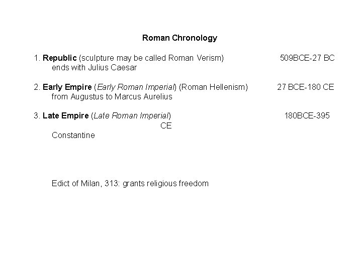 Roman Chronology 1. Republic (sculpture may be called Roman Verism) ends with Julius Caesar