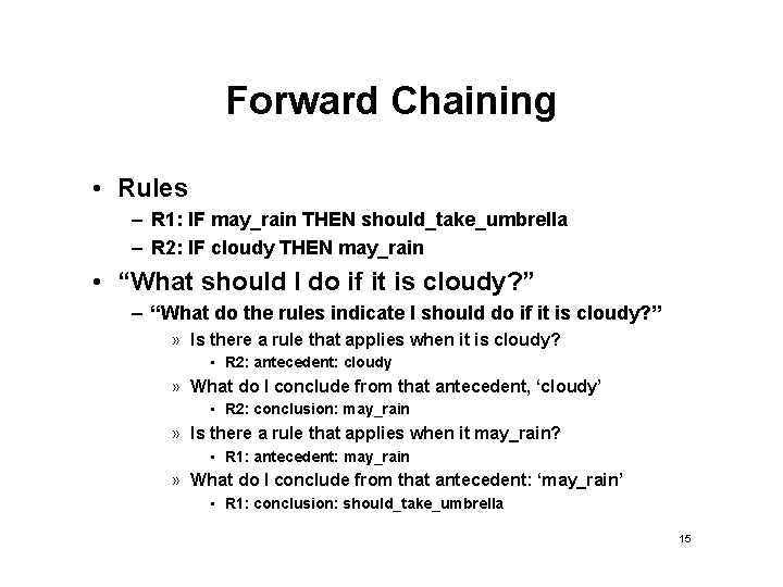 Forward Chaining • Rules – R 1: IF may_rain THEN should_take_umbrella – R 2: Forward Chaining • Rules – R 1: IF may_rain THEN should_take_umbrella – R 2: