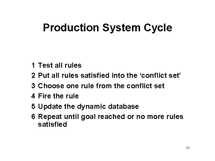 Production System Cycle 1 2 3 4 5 6 Test all rules Put all Production System Cycle 1 2 3 4 5 6 Test all rules Put all