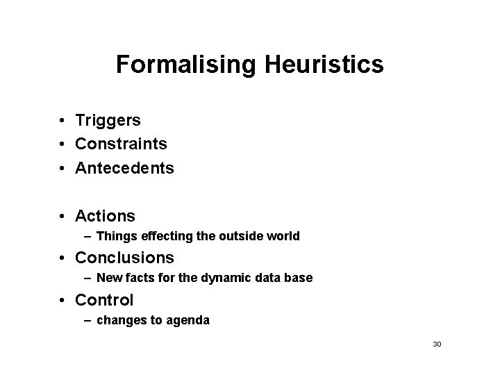 Formalising Heuristics • Triggers • Constraints • Antecedents • Actions – Things effecting the Formalising Heuristics • Triggers • Constraints • Antecedents • Actions – Things effecting the