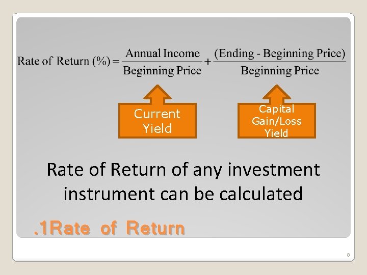 Current Yield Capital Gain/Loss Yield Rate of Return of any investment instrument can be