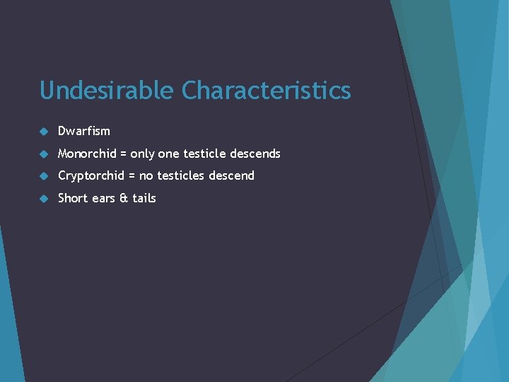 Undesirable Characteristics Dwarfism Monorchid = only one testicle descends Cryptorchid = no testicles descend