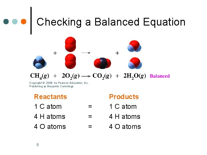 Checking a Balanced Equation Copyright © 2008 by Pearson Education, Inc. Publishing as Benjamin
