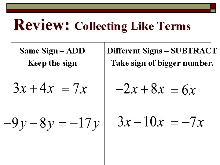 Review: Collecting Like Terms Same Sign – ADD Keep the sign Different Signs –