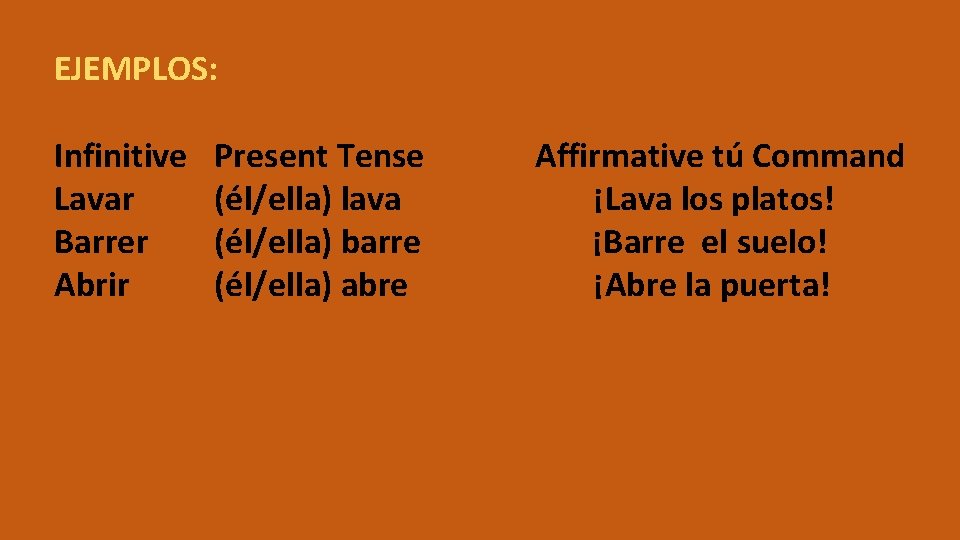 EJEMPLOS: Infinitive Lavar Barrer Abrir Present Tense (él/ella) lava (él/ella) barre (él/ella) abre Affirmative EJEMPLOS: Infinitive Lavar Barrer Abrir Present Tense (él/ella) lava (él/ella) barre (él/ella) abre Affirmative