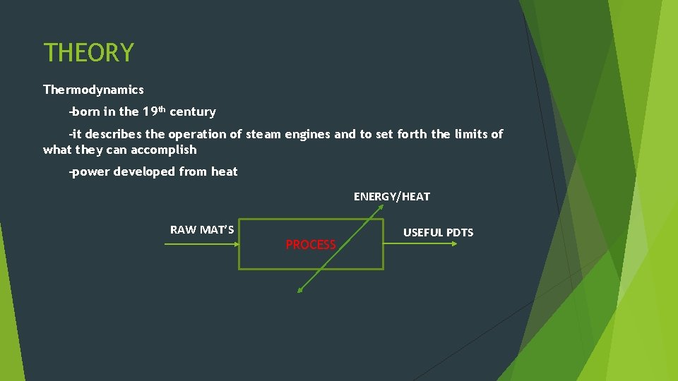 THEORY Thermodynamics -born in the 19 th century -it describes the operation of steam
