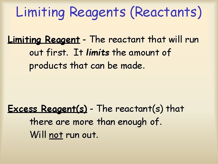 Limiting Reagents (Reactants) Limiting Reagent - The reactant that will run out first. It