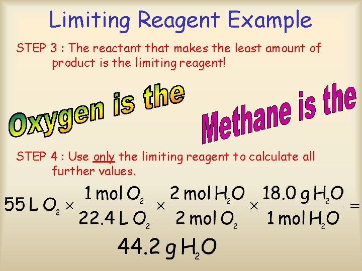 Limiting Reagent Example STEP 3 : The reactant that makes the least amount of