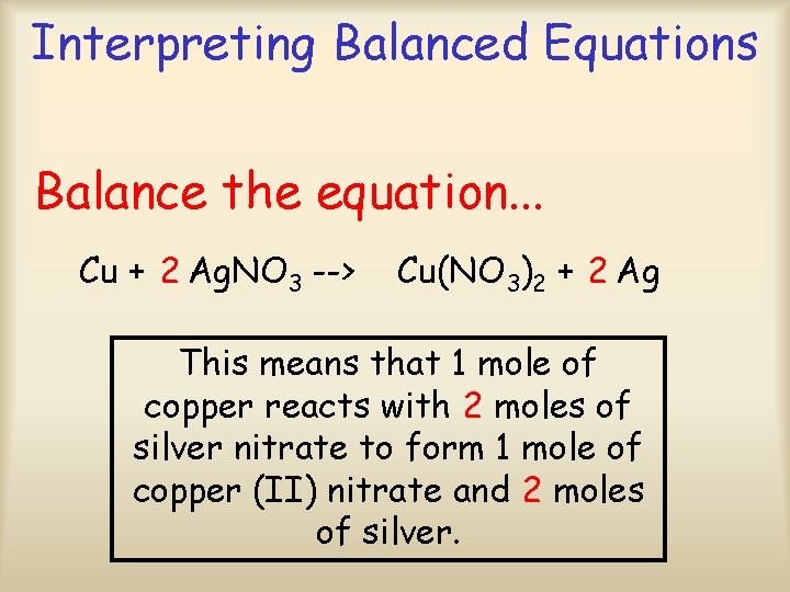 Interpreting Balanced Equations Balance the equation. . . Cu + 2 Ag. NO 3