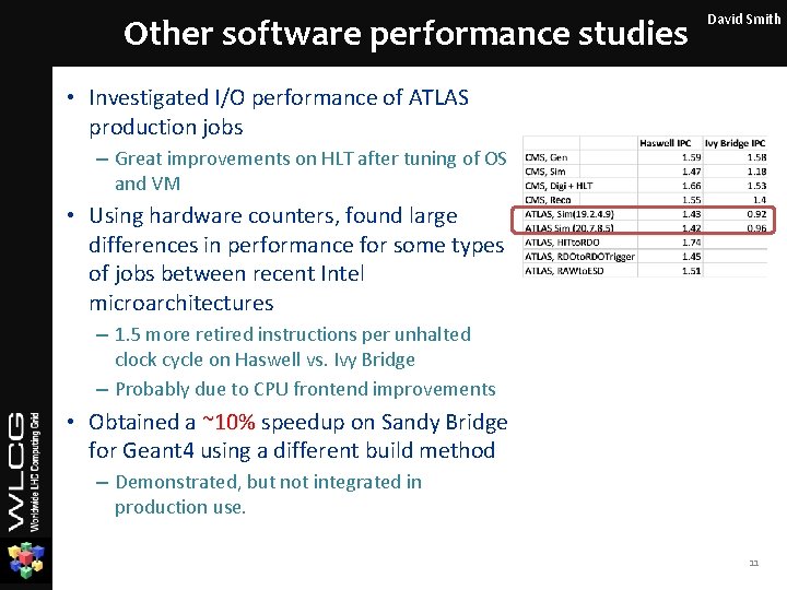 Other software performance studies David Smith • Investigated I/O performance of ATLAS production jobs