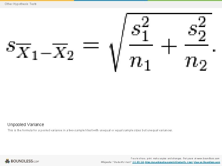 Other Hypothesis Tests Unpooled Variance This is the formula for a pooled variance in