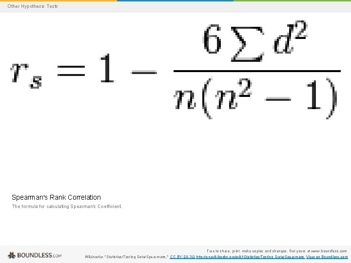 Other Hypothesis Tests Spearman's Rank Correlation The formula for calculating Spearman's Coefficient. Free to