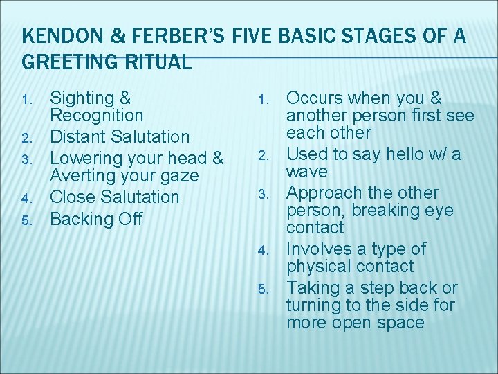KENDON & FERBER’S FIVE BASIC STAGES OF A GREETING RITUAL 1. 2. 3. 4.