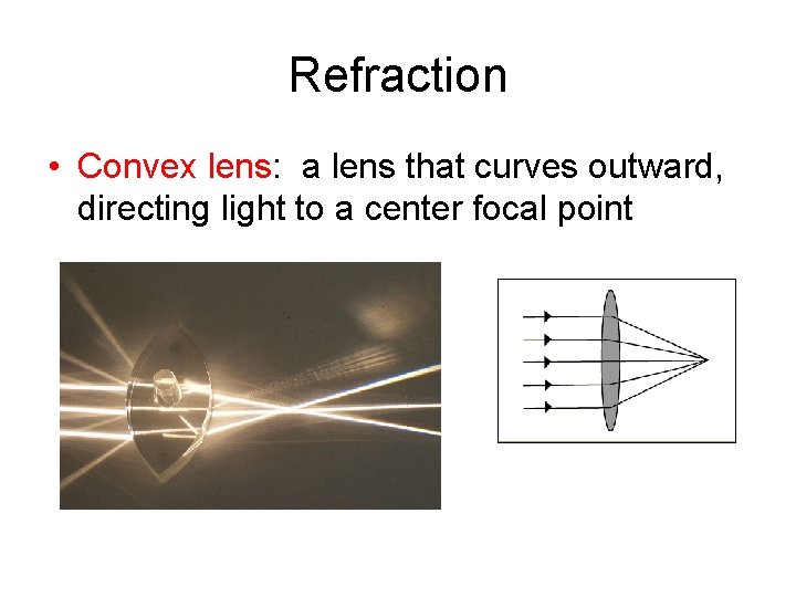 Refraction • Convex lens: a lens that curves outward, directing light to a center