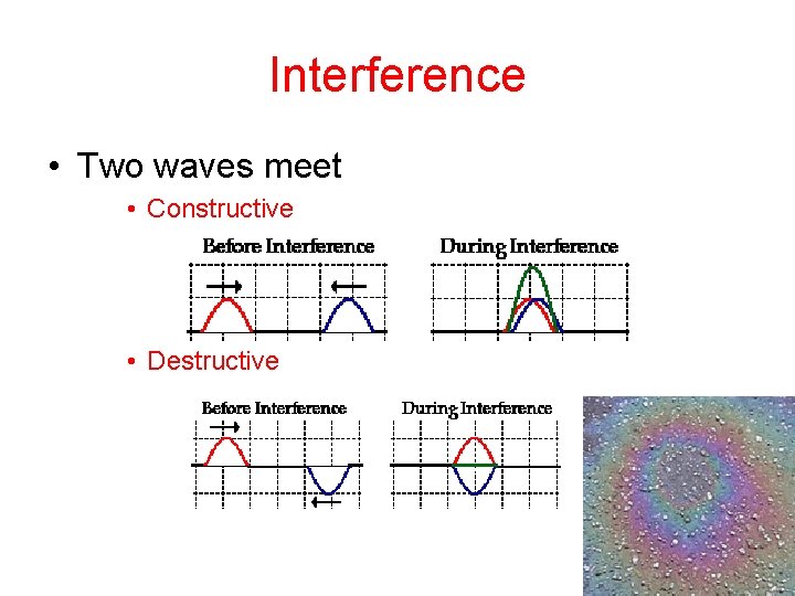 Interference • Two waves meet • Constructive • Destructive 