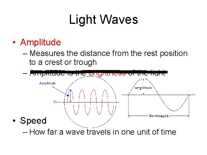 Light Waves • Amplitude – Measures the distance from the rest position to a