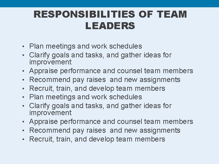 RESPONSIBILITIES OF TEAM LEADERS • Plan meetings and work schedules • Clarify goals and