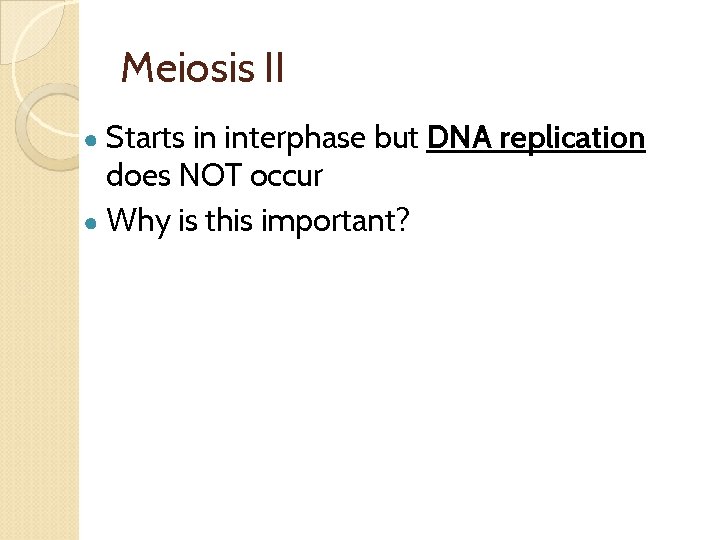 Meiosis II ● Starts in interphase but DNA replication does NOT occur ● Why