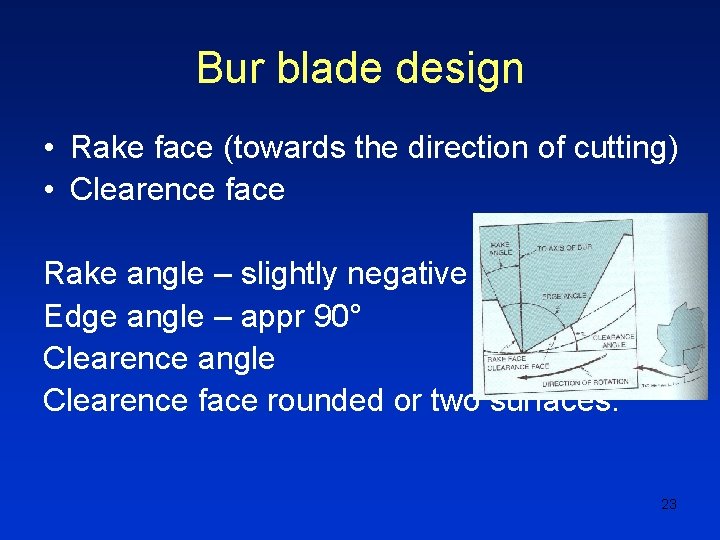 Bur blade design • Rake face (towards the direction of cutting) • Clearence face
