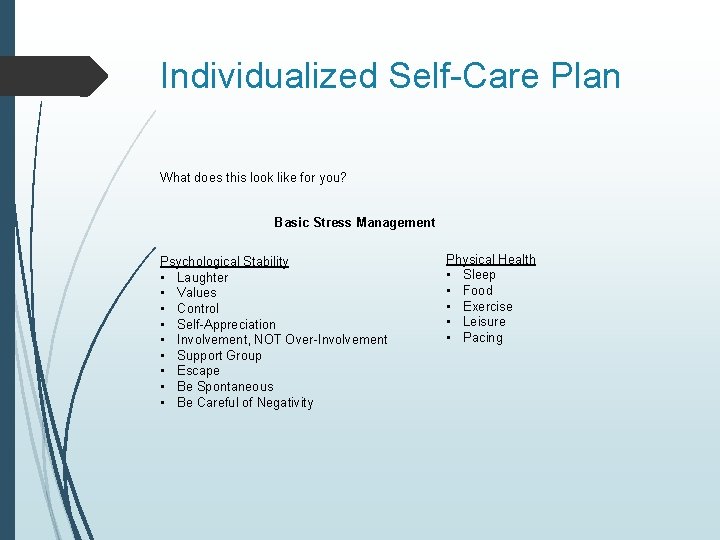 Individualized Self-Care Plan What does this look like for you? Basic Stress Management Psychological