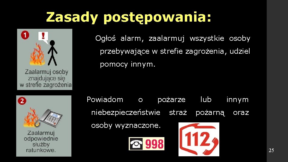 Zasady postępowania: Ogłoś alarm, zaalarmuj wszystkie osoby przebywające w strefie zagrożenia, udziel pomocy innym.