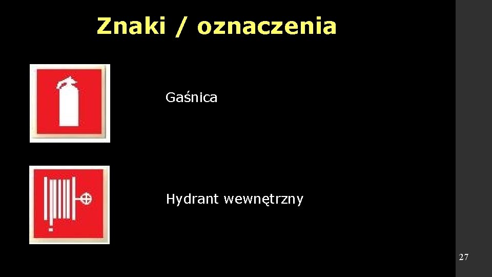 Znaki / oznaczenia Gaśnica Hydrant wewnętrzny 27 