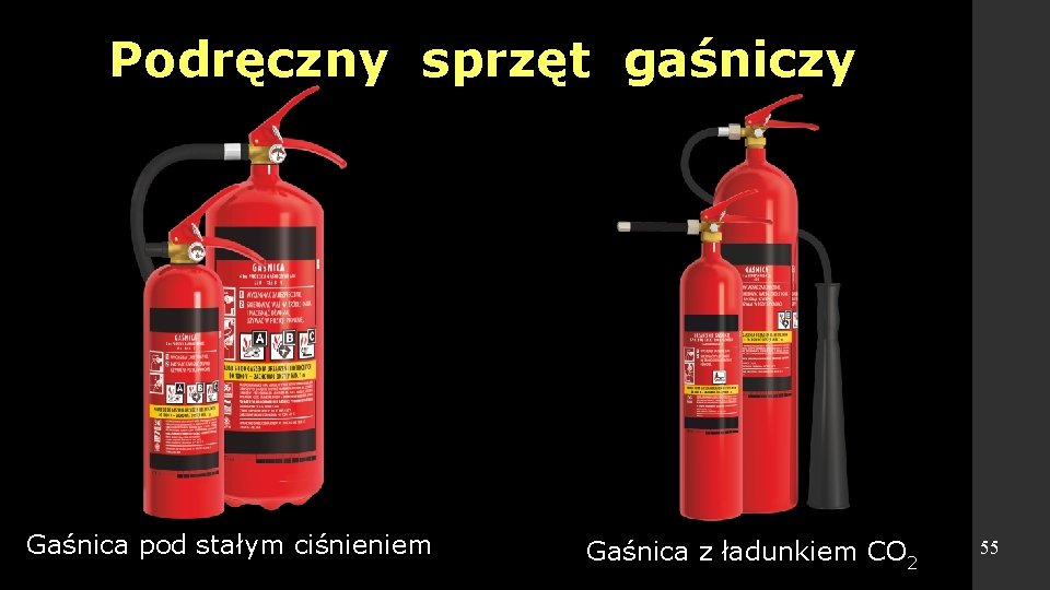 Podręczny sprzęt gaśniczy Gaśnica pod stałym ciśnieniem Gaśnica z ładunkiem CO 2 55 