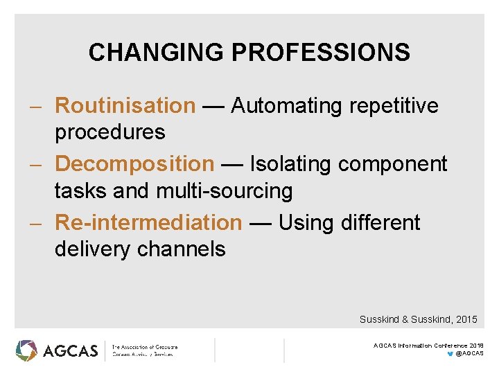 CHANGING PROFESSIONS Routinisation — Automating repetitive procedures Decomposition — Isolating component tasks and multi-sourcing