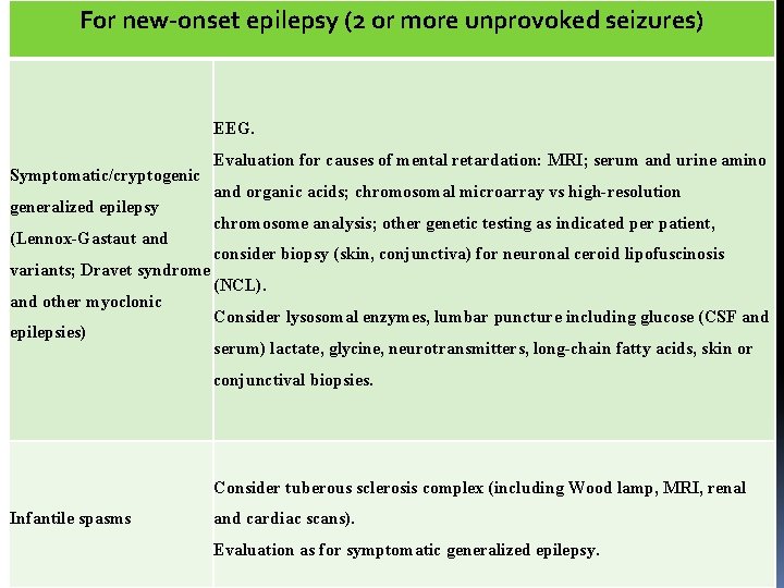 For new-onset epilepsy (2 or more unprovoked seizures) EEG. Symptomatic/cryptogenic generalized epilepsy (Lennox-Gastaut and