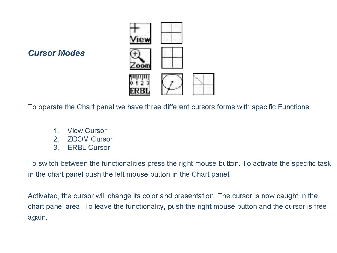 Cursor Modes To operate the Chart panel we have three different cursors forms with Cursor Modes To operate the Chart panel we have three different cursors forms with