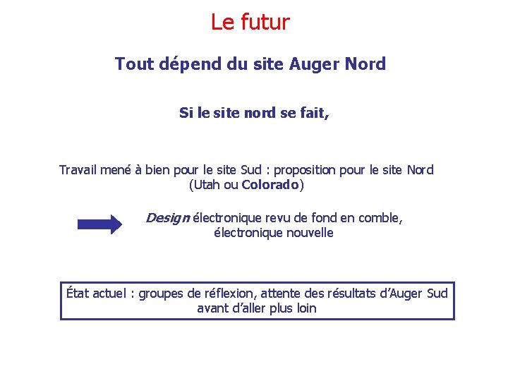 Le futur Tout dépend du site Auger Nord Si le site nord se fait,