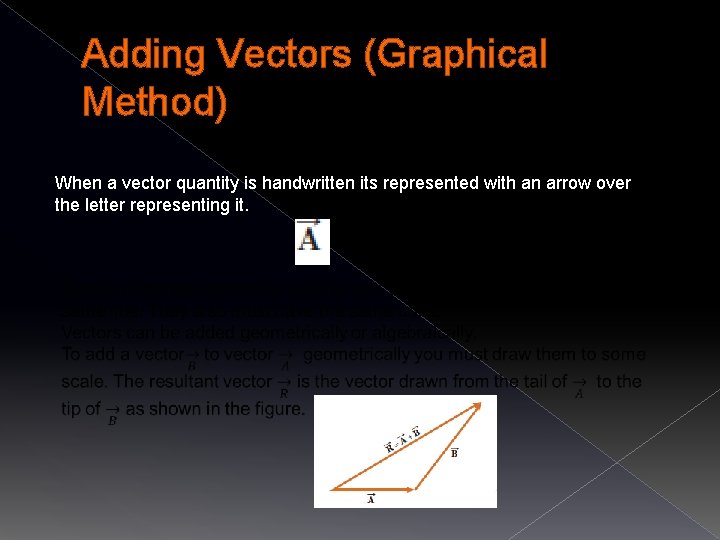Adding Vectors (Graphical Method) When a vector quantity is handwritten its represented with an
