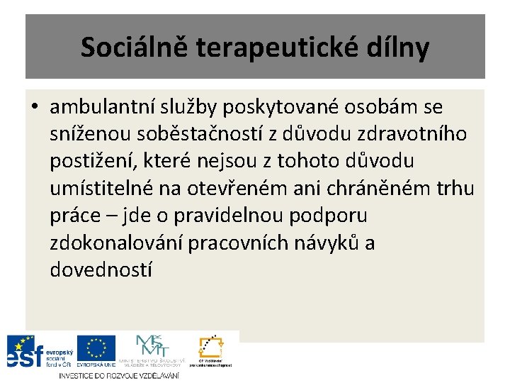 Sociálně terapeutické dílny • ambulantní služby poskytované osobám se sníženou soběstačností z důvodu zdravotního