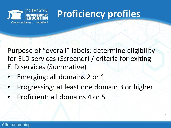 Proficiency profiles Purpose of “overall” labels: determine eligibility for ELD services (Screener) / criteria